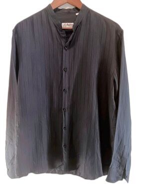 Pepito's Positano Italy Men's 100% Linen Band Collar Striped Shirt Navy Blue L